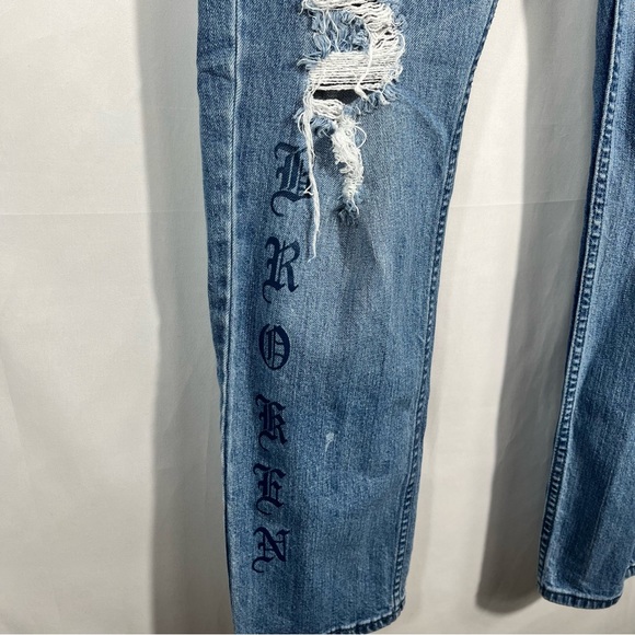 Broken Promises Wait Forever Rose & Snake Embroidered Distressed Baggy Jeans 30 - Picture 4 of 9